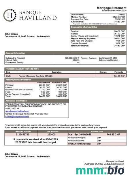 Liechtenstein Banque Havilland wyciąg z kredytu hipotecznego szablon Word i PDF
